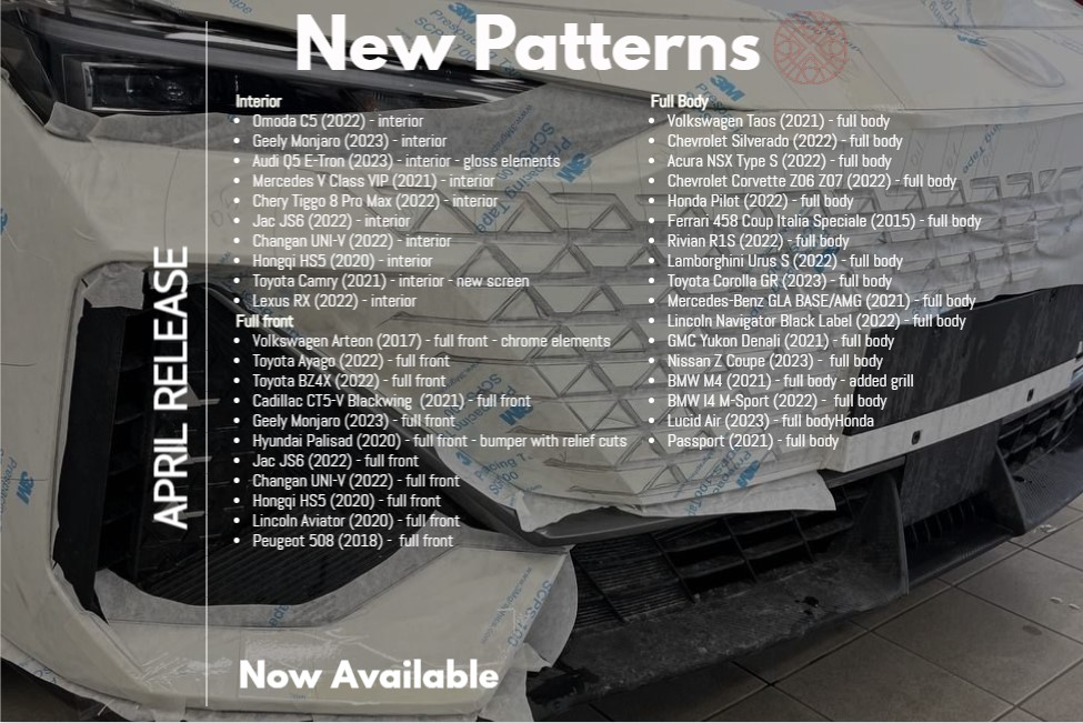 Creating patterns of car body and interior. Sale of templates in electronic form for cutting on paint protection film on a plotter